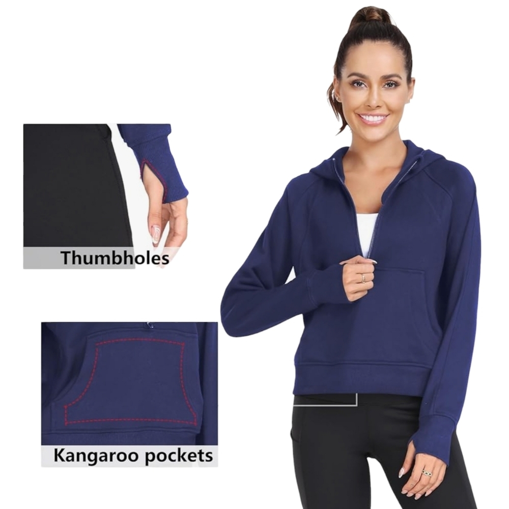 Laslulu Cropped Hoodie Womens Small Navy Thumbholes and Kangaroo Pocket Pullover